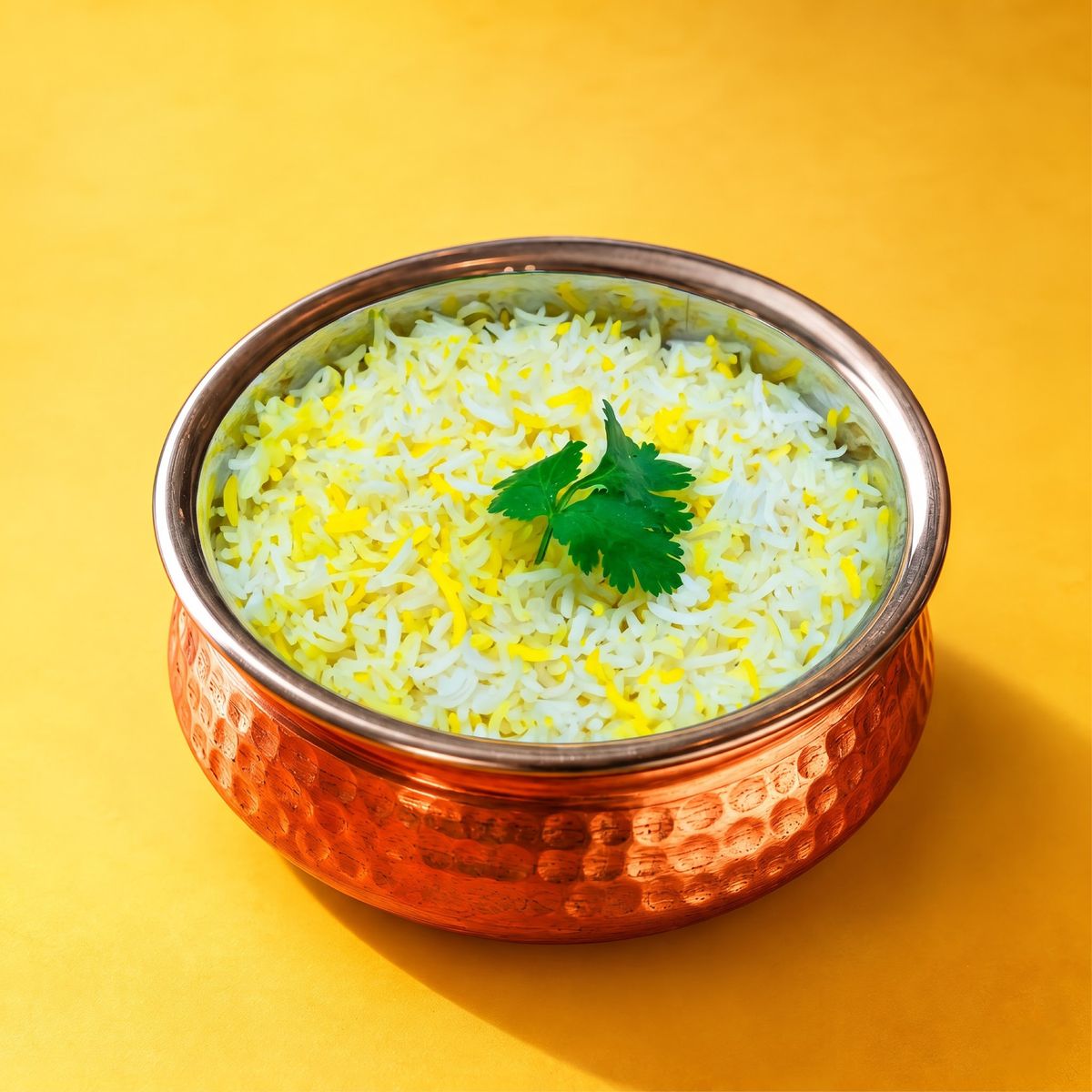 Basmati rice with coriander in a copper bowl