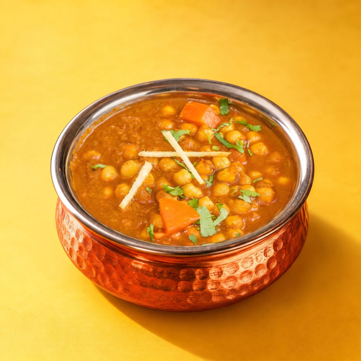 Chana masala chickpea curry topped with ginger and coriander