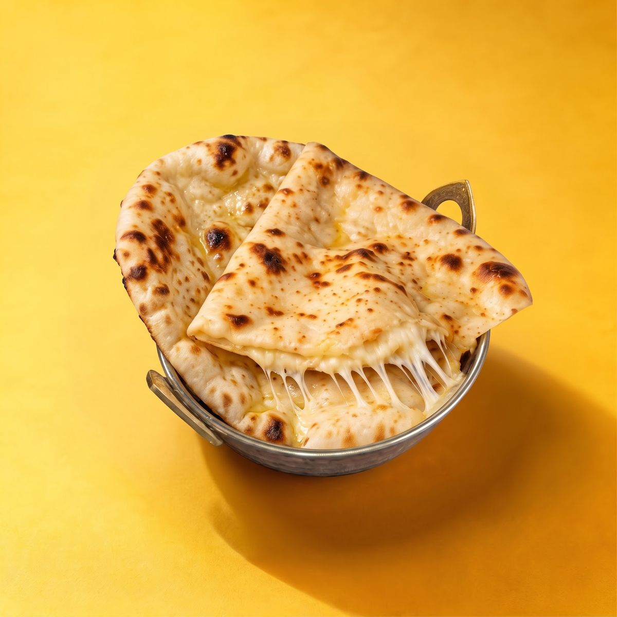 Cheese naan in a steel basket