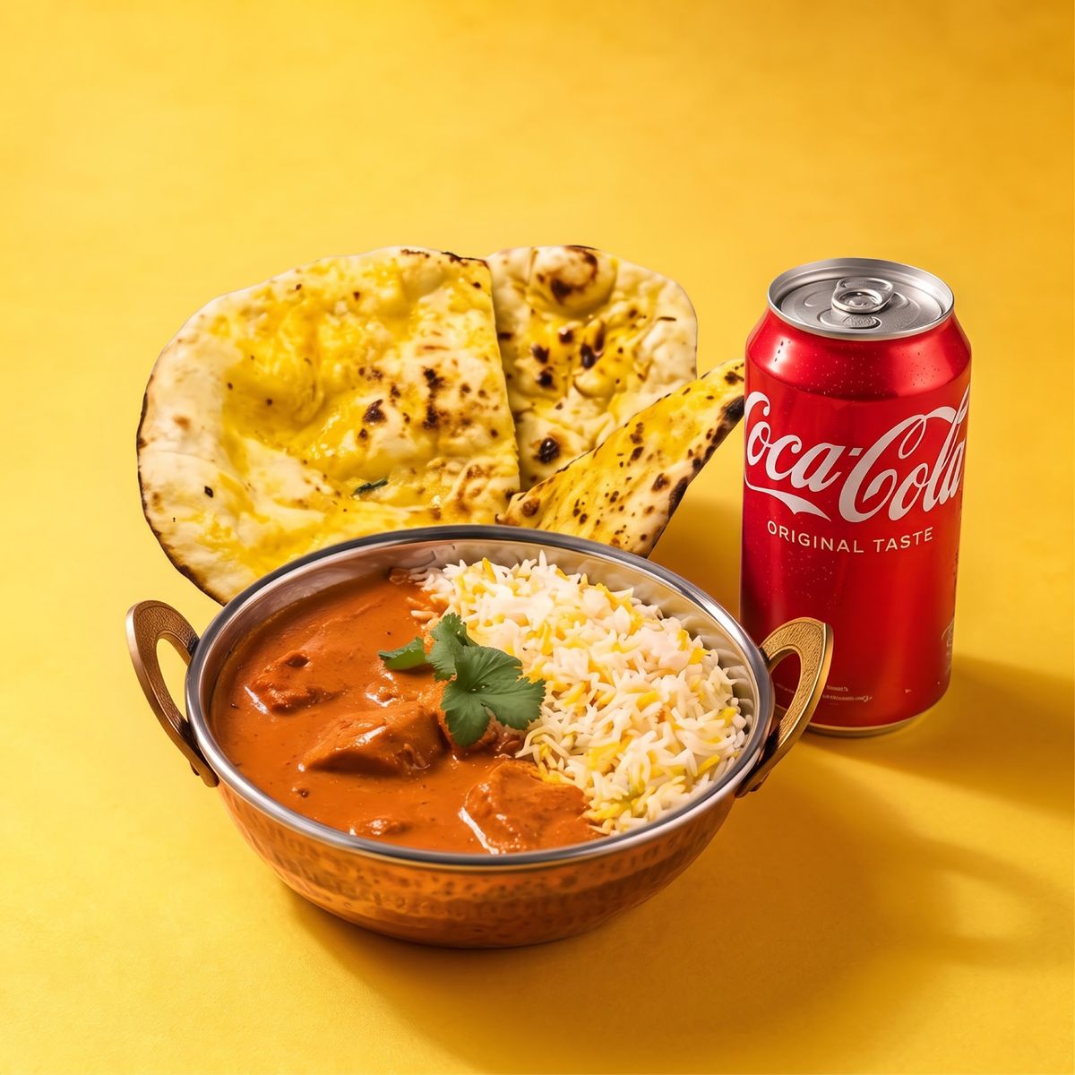 Touch of India combo deal: curry, rice, garlic naan and a can of soft drink