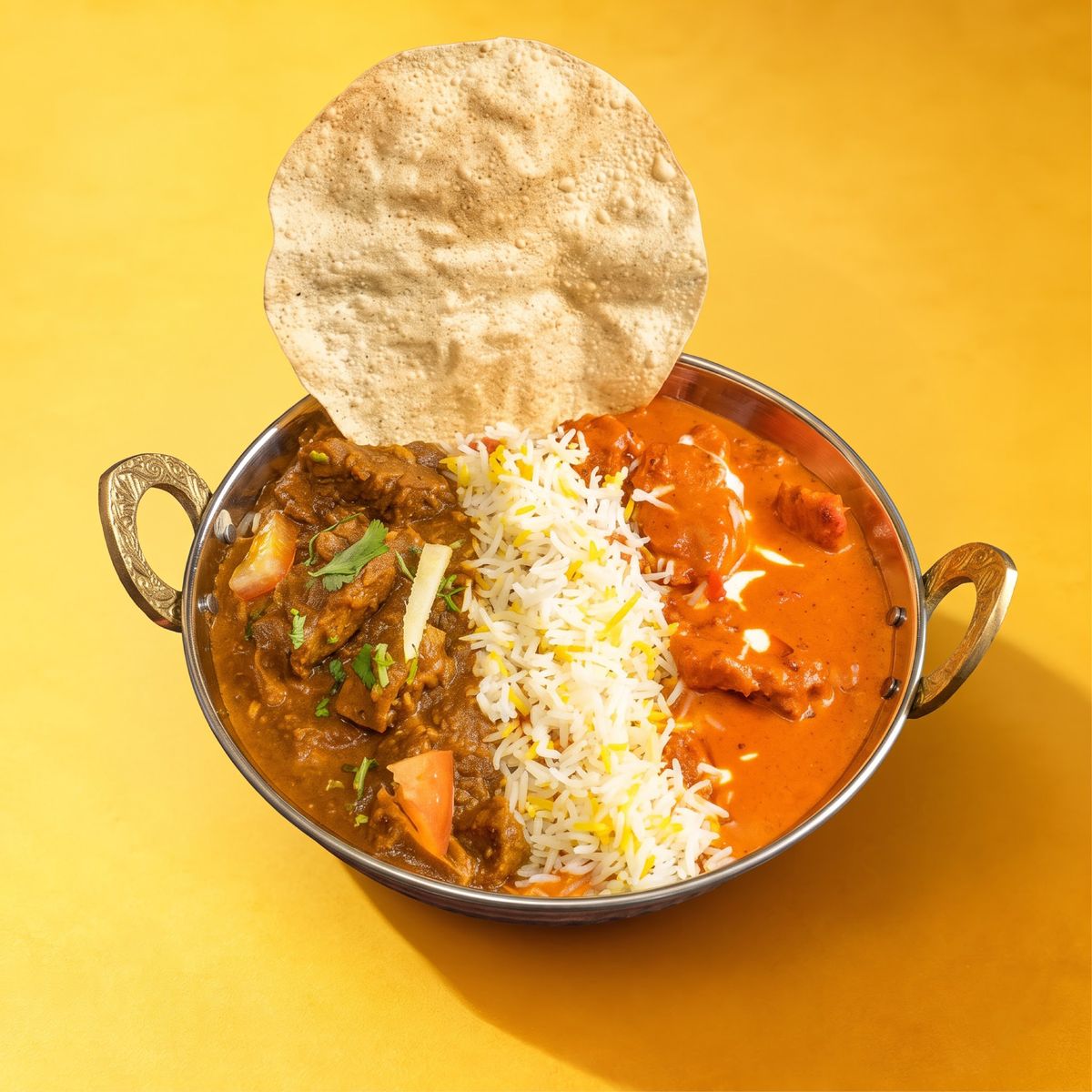 Double meal with two curries, rice and a pappadam