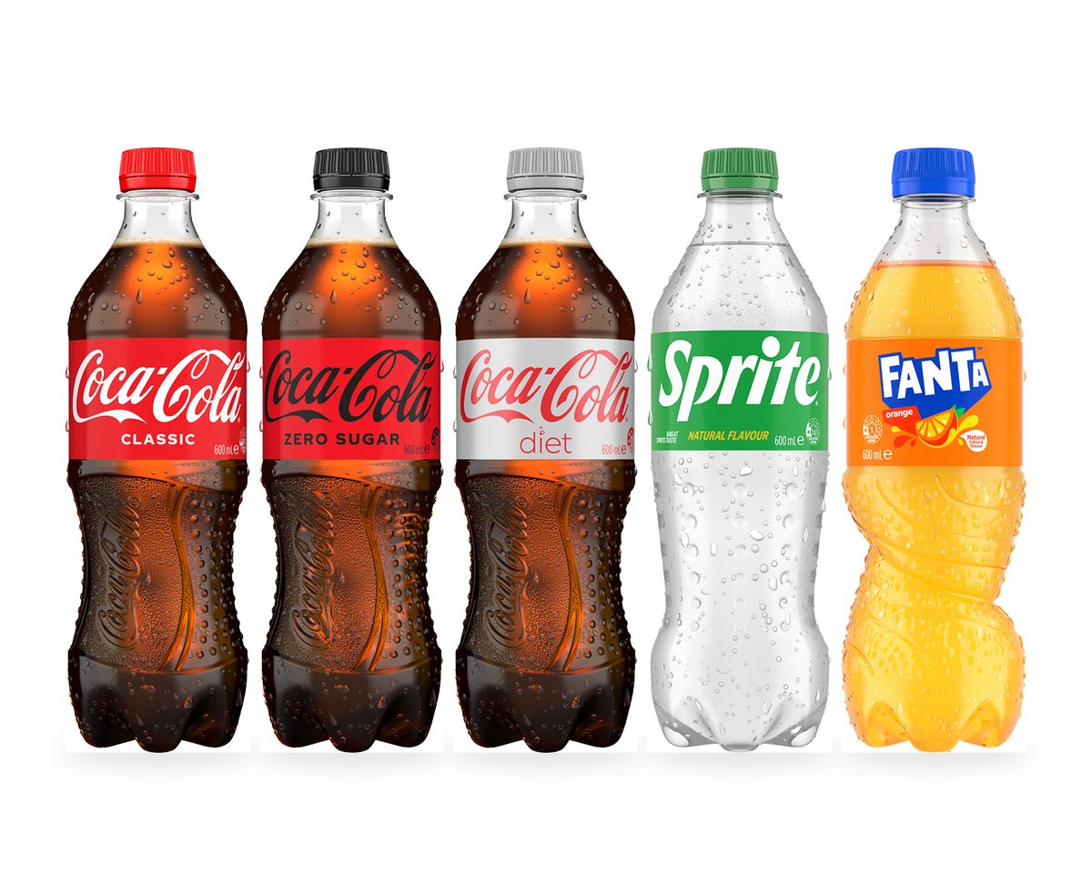 600 mL bottles of Coca-Cola Classic, Coke Zero Sugar, Diet Coke, Sprite and Fanta Orange