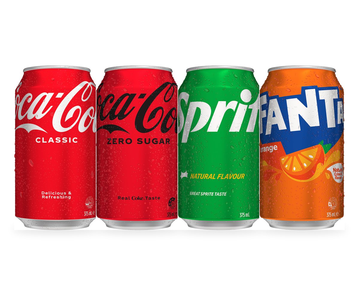375 mL cans of Coca-Cola Classic, Coke Zero Sugar, Sprite and Fanta Orange