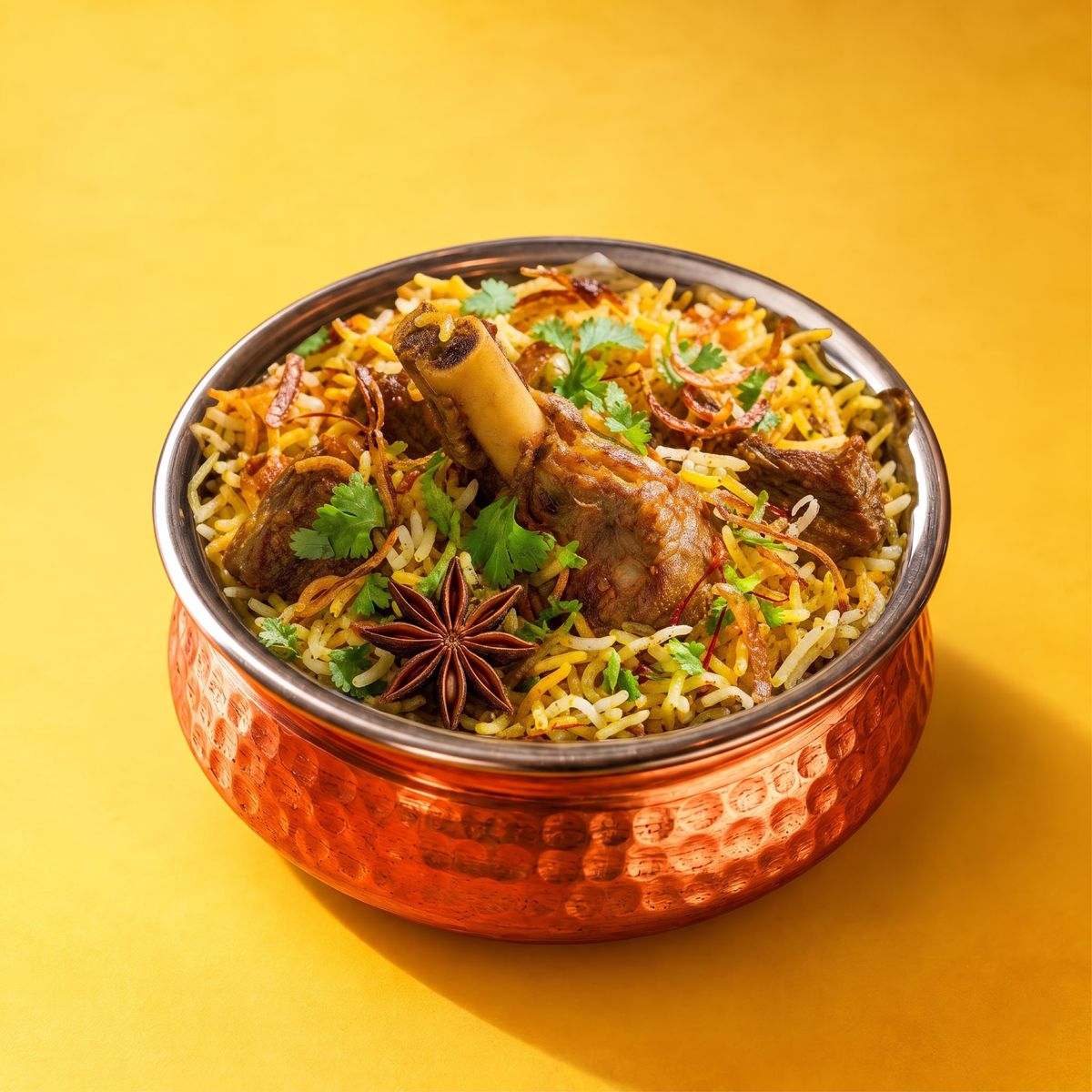 Goat biryani in a copper pot