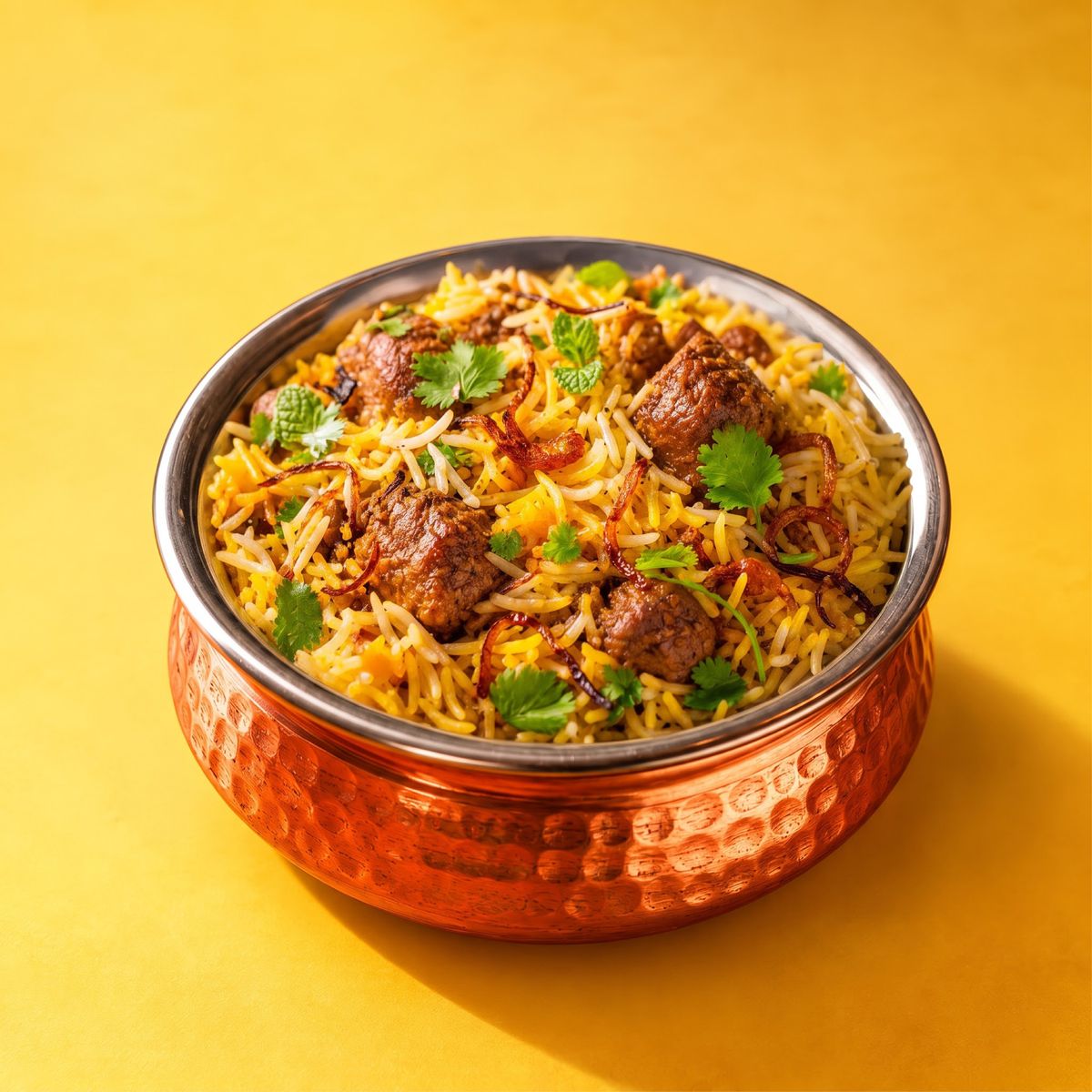 Lamb biryani in a copper pot