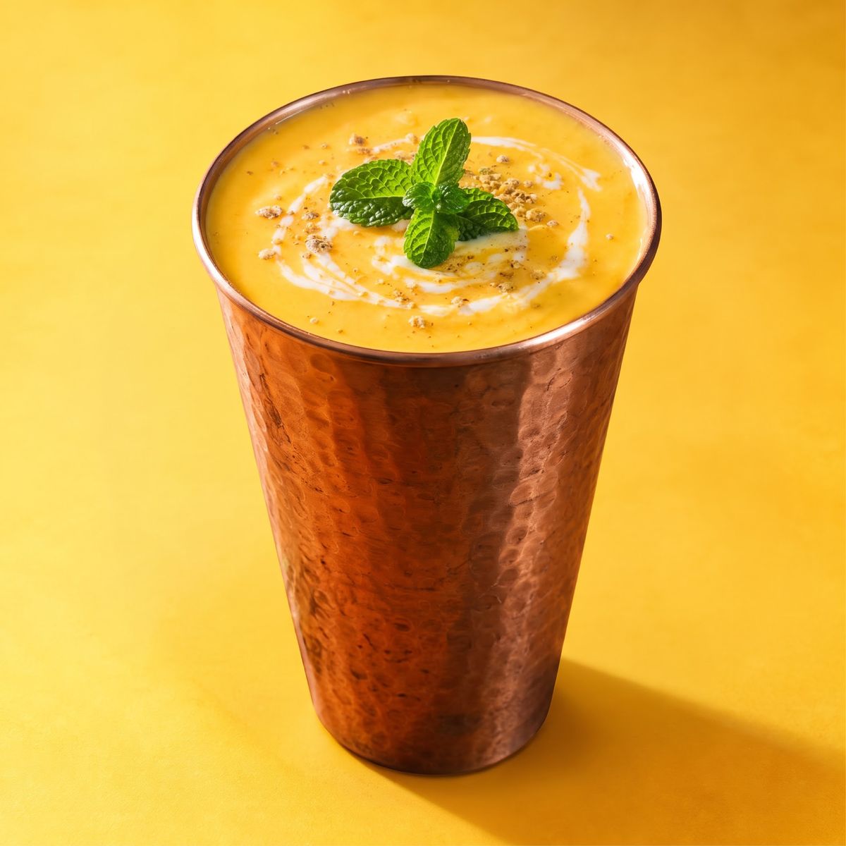 Mango lassi in a copper tumbler with mint