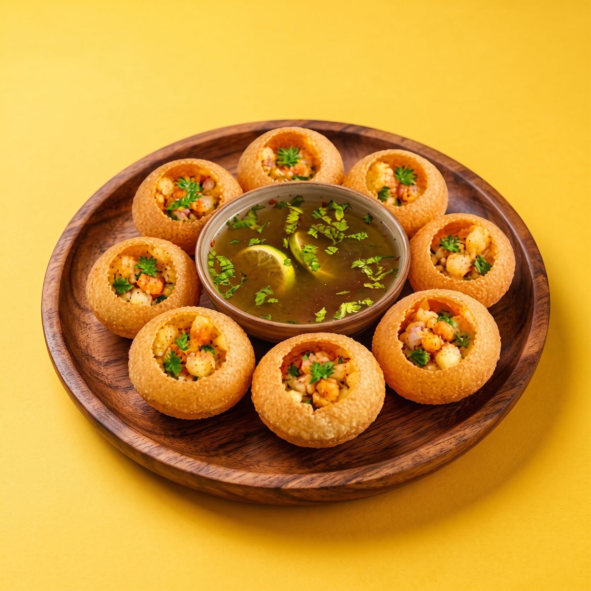 Pani puri with a bowl of green pani