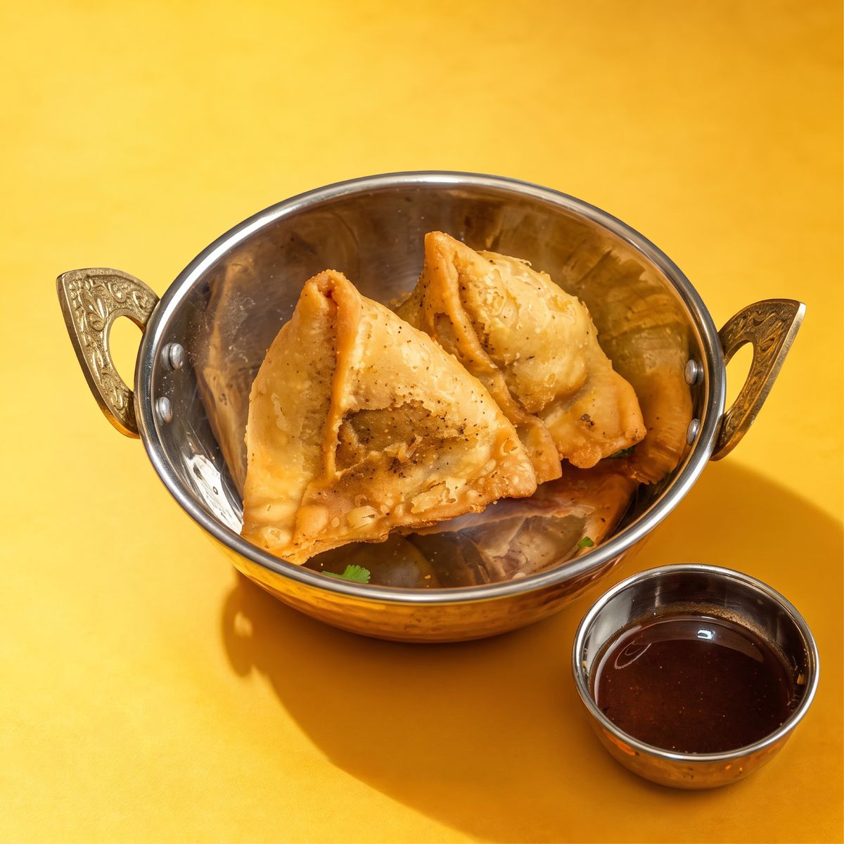 Two samosas with tamarind chutney