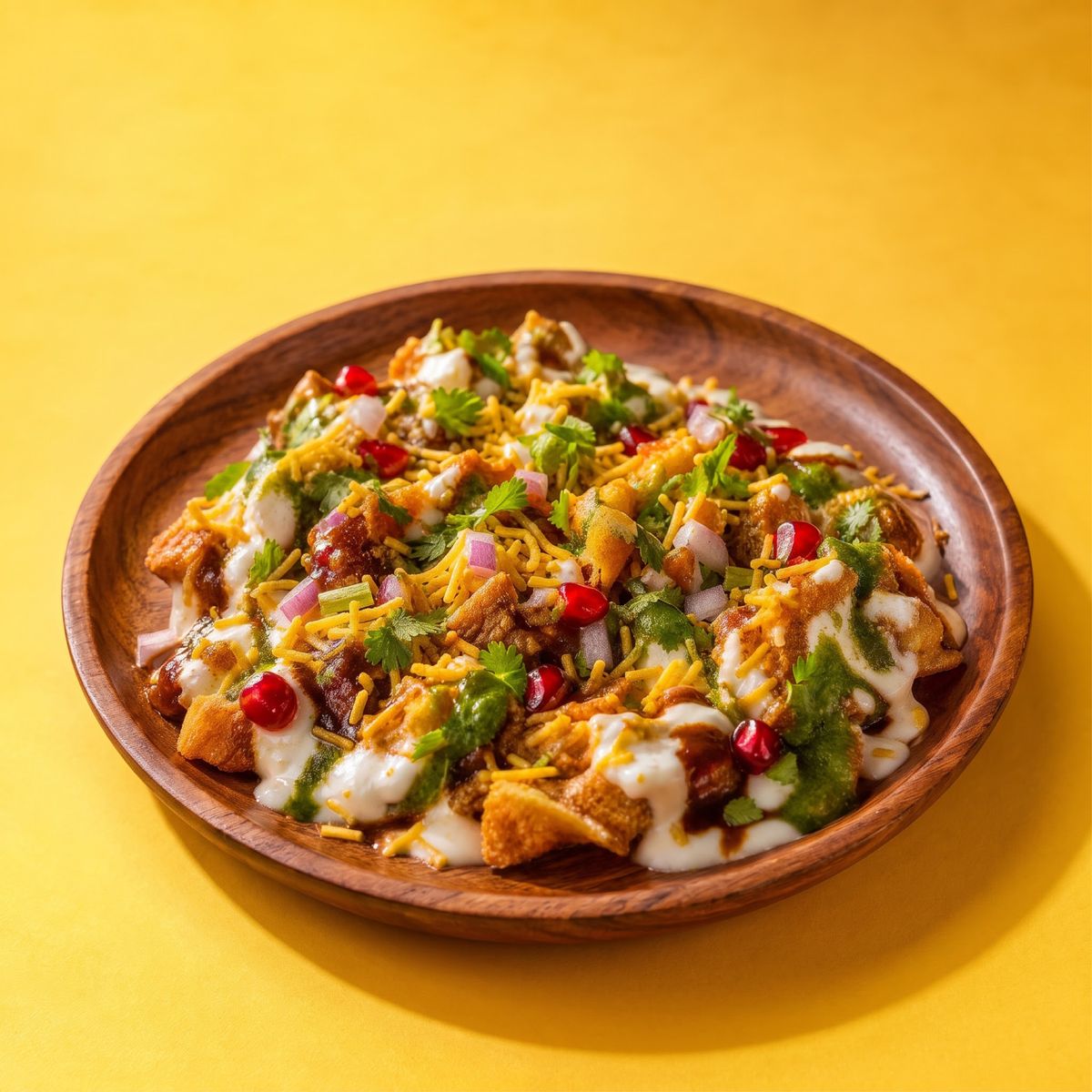 Samosa chaat with yoghurt, sev and pomegranate